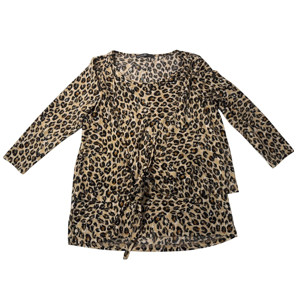 Signature Collection Top Leopard Tan Tie Front Layered Knit 3/4‎ Sleeve Women
